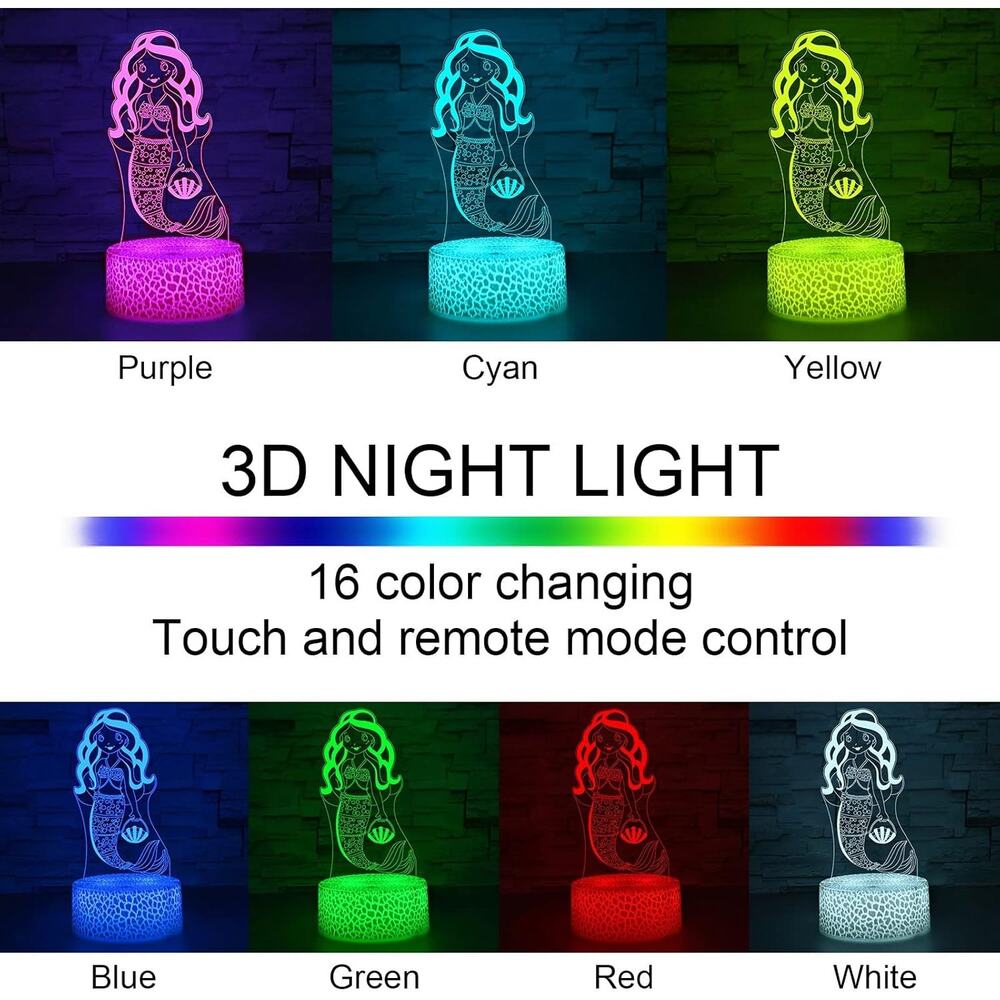 i-CHONY Mermaid Night Light 3D Illusion Lamp with Remote 16 Colors Dimmable - Picture 2 of 5